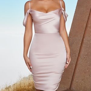 Modern Romance Satin Cowl Neck Knee Length Dress in Blush from Oh Polly